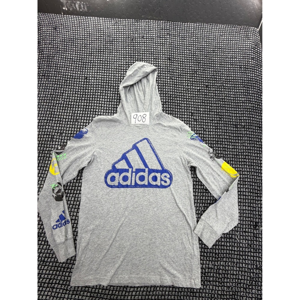 Adidas Hooded Graphic Tee Boys Size L 14/16 Gray Long Sleeve Shirt